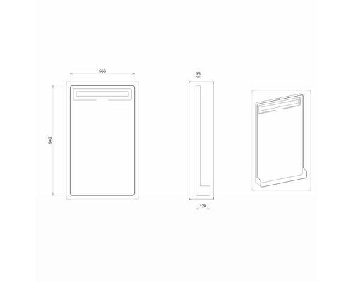 Technische Zeichnung eines Badezimmerspiegels mit LED Beleuchtung und den Maßen 940 x 555 x 35 mm
