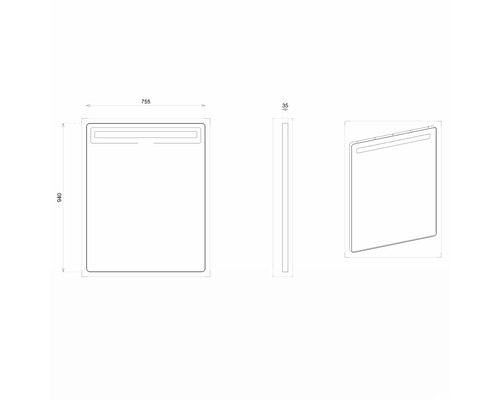 Schéma technique d''un miroir avec éclairage et dimensions