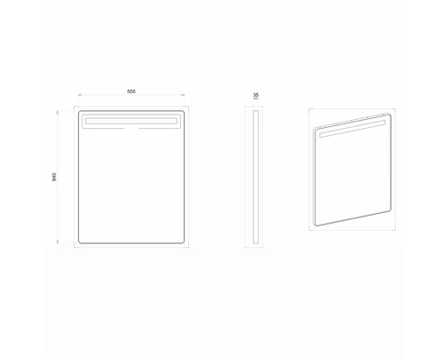 Technische Zeichnung eines Spiegels mit den Maßen 555 x 940 x 35 Millimeter.