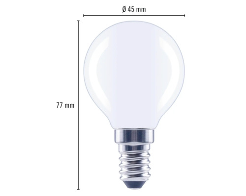 G45 LED Lampe mit E14 Fassung, circa 45 Millimeter Durchmesser und 77 Millimeter Länge