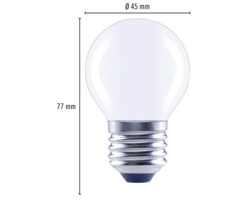 Kugelförmige Lampe mit den Maßen 45 mm Durchmesser und 77 mm Länge.