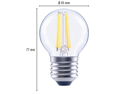 Image d''une lampe LED à filament avec des dimensions de 45 mm de diamètre et 77 mm de longueur.