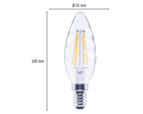 Image d''une lampe LED en forme de bougie avec des dimensions de 100 mm de longueur et 35 mm de diamètre.
