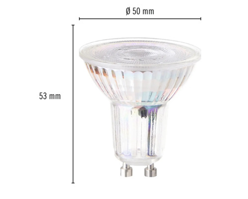 GU10 Leuchtmittel mit den Maßen 50 Millimeter Durchmesser und 53 Millimeter Höhe