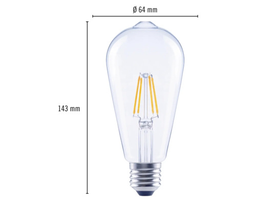 Abbildung einer LED Lampe mit den Massen 64 Millimeter Durchmesser und 143 Millimeter Höhe.