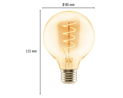 Globelampe mit den Massen 80 mm Durchmesser und 115 mm Höhe.
