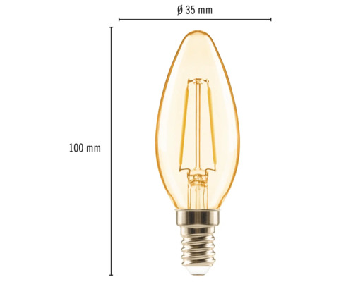Dimensions d''une lampe LED en forme de goutte avec filetage E14, 100 mm de hauteur et 35 mm de diamètre