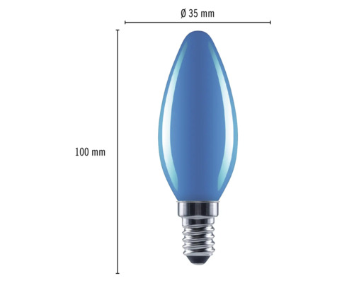 Ampoule bleue en forme de goutte avec des dimensions de 35 mm de diamètre et 100 mm de longueur