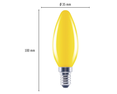 Lampe bougie jaune avec douille E14 et dimensions de 35 mm de diamètre et 100 mm de longueur.