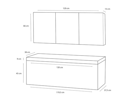 Représentation des dimensions d''un placard mural et d''un coffre de rangement