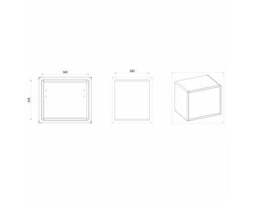 Technische Zeichnung eines Wandeinbaus für den Aussenbereich mit den Massen 380 x 325 x 280 Millimeter.