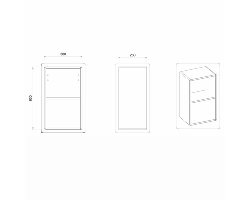 Schéma technique d''un meuble haut de salle de bains avec dimensions.