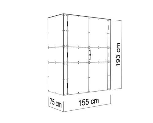 Abbildung eines Schranks mit den Maßen 193 cm Höhe, 155 cm Breite und 75 cm Tiefe.