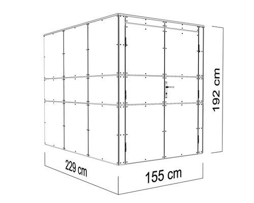 Représentation d''un abri de jardin avec des dimensions de 229 cm de largeur, 155 cm de profondeur et 192 cm de hauteur.