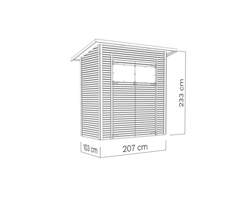 Dessin d''un abri de jardin avec des dimensions de 233 sur 207 sur 103 centimètres.