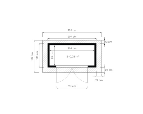 Schéma technique indiquant les dimensions d''un abri de jardin