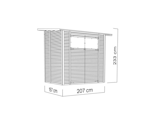 Illustration d''une remise de jardin avec des dimensions de 233 cm de hauteur, 157 cm de profondeur et 207 cm de largeur
