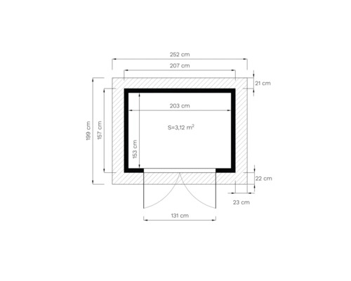 Plan avec dimensions en centimètres et surface en mètres carrés