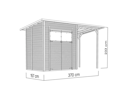 Schéma d''un abri de jardin avec auvent et dimensions