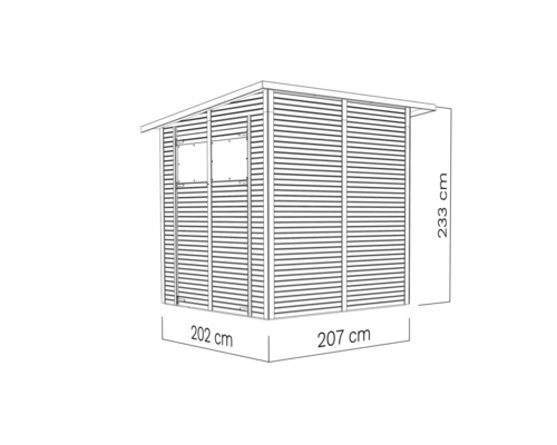Image d''une cabane de jardin avec les dimensions 202 cm x 207 cm x 233 cm.