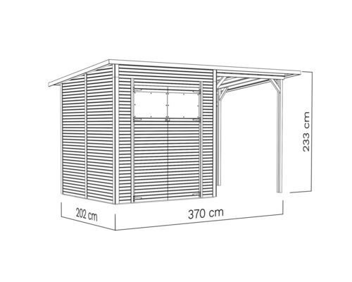 Illustration d''une remise de jardin avec auvent et dimensions de 202 sur 370 sur 233 centimètres.