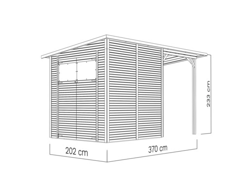 Illustration d''un abri de jardin d''une largeur de 202 centimètres, d''une profondeur de 370 centimètres et d''une hauteur de 233 centimètres.