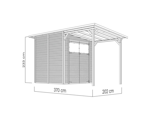 Image d''un abri de jardin avec des dimensions de 233 cm de hauteur, 370 cm de longueur et 202 cm de largeur.