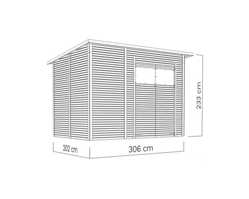 Image d''un abri de jardin avec les dimensions 306 x 202 x 233 cm.