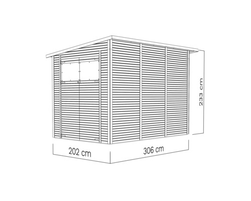 Illustration d''un abri de jardin avec des dimensions de 202 cm de largeur, 306 cm de longueur et 233 cm de hauteur