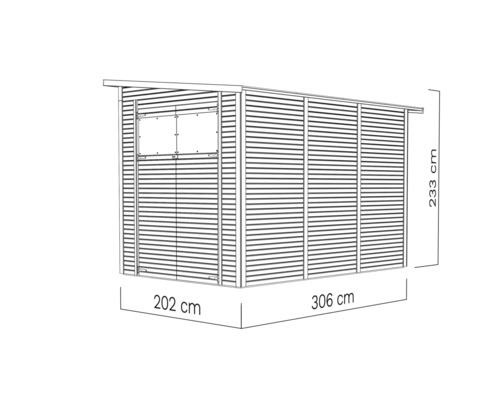 Illustration d''un abri de jardin avec les dimensions 202 centimètres par 306 centimètres par 233 centimètres.