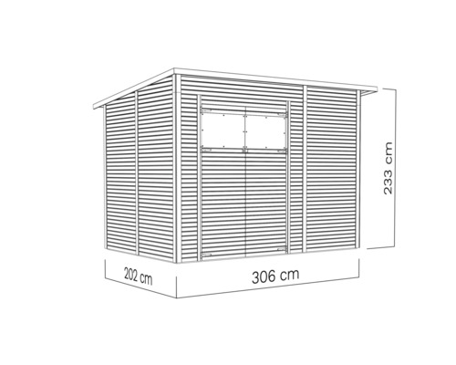 Illustration d''une cabane de jardin avec les dimensions 202 cm x 306 cm x 233 cm.