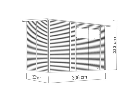 Illustration d''un abri de jardin avec des dimensions de 306 cm de longueur, 202 cm de largeur et 233 cm de hauteur