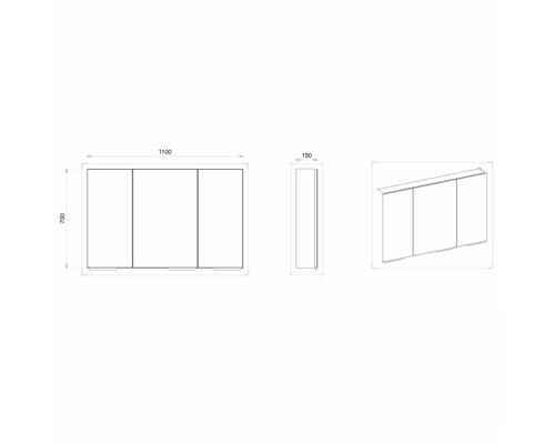 Schéma technique d''une armoire de toilette avec les dimensions 1100 x 700 x 150 millimètres.