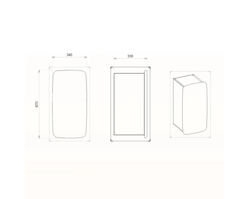 Schéma technique d''un meuble haut de salle de bains avec des dimensions de 340 x 670 x 330 millimètres.