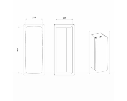 Dessin technique d''une armoire de salle de bains avec les dimensions 340, 330 et 940.