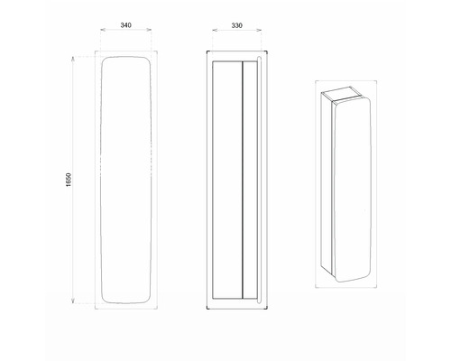Schéma technique d''une armoire de salle de bain mesurant 1650 x 340 x 330 millimètres