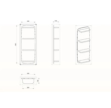 Schéma technique d''une étagère de salle de bains avec trois tablettes et dimensions