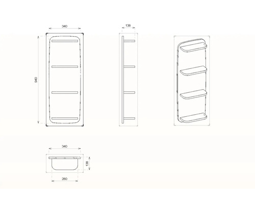Schéma technique d''une étagère de salle de bains avec trois tablettes et dimensions