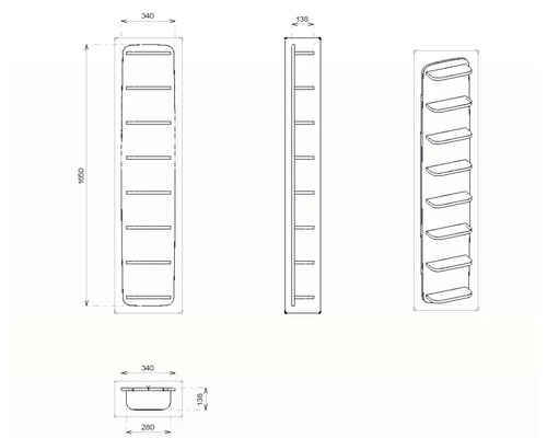 Dessin technique d''une étagère de salle de bain aux dimensions 1650 x 340 x 138 millimètres.