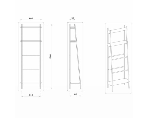 Schéma technique d''une étagère avec dimensions.