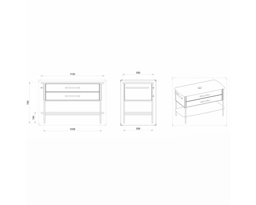 Dessin technique d''un meuble sous-lavabo avec tiroirs et espace de rangement, cotes comprises