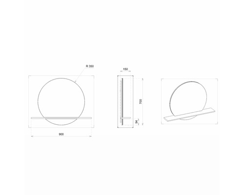Technische Zeichnung eines runden Spiegels mit Ablage und den Maßangaben