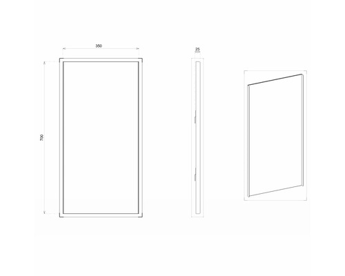 Technische Zeichnung eines Spiegels mit den Maßen 700 x 350 x 25 Millimeter.