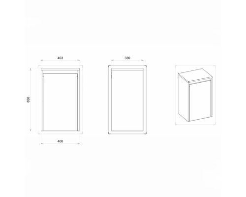 Dessin technique d''un meuble bas de salle de bain avec dimensions.