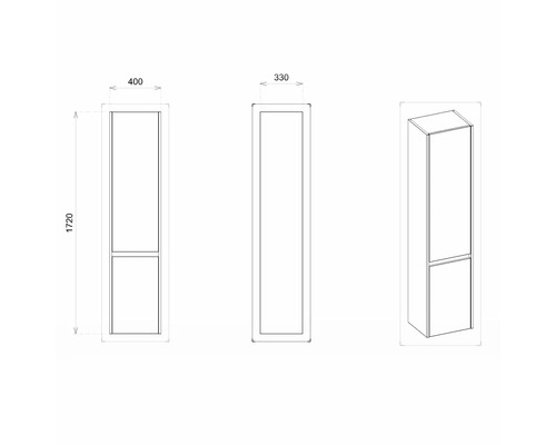 Technische Zeichnung eines Bad-Hochschranks mit den Maßen 1720 x 400 x 330 Millimeter.
