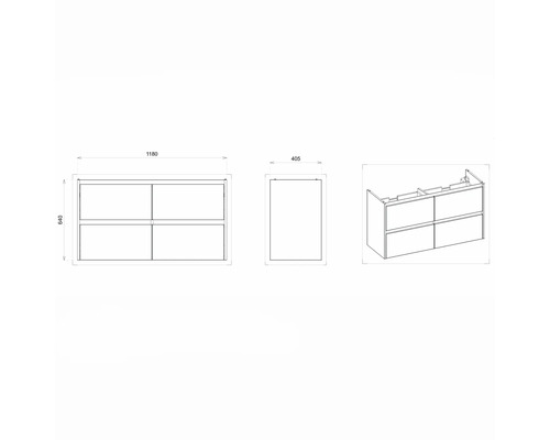 Dessin technique d''un meuble sous-lavabo de dimensions 1180 x 640 x 405 mm.