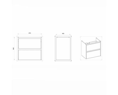 Dessin technique d''un meuble sous-lavabo avec deux tiroirs et indications de dimensions