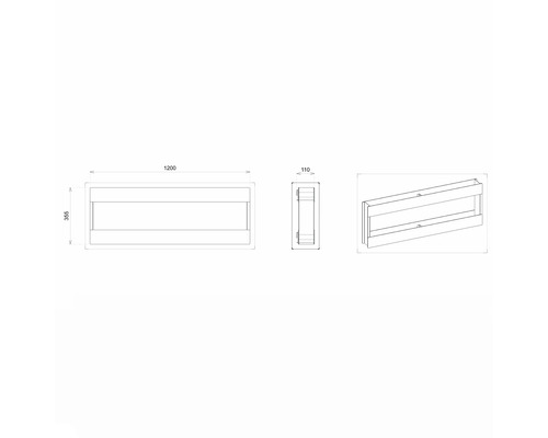 Dessin technique d''une étagère de salle de bains avec les dimensions 1200 x 355 x 110 millimètres.