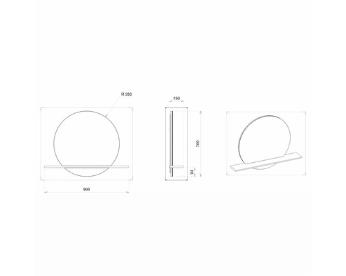 Dessin technique d''un miroir rond avec étagère, dimensions : 900 x 700 x 150 mm.