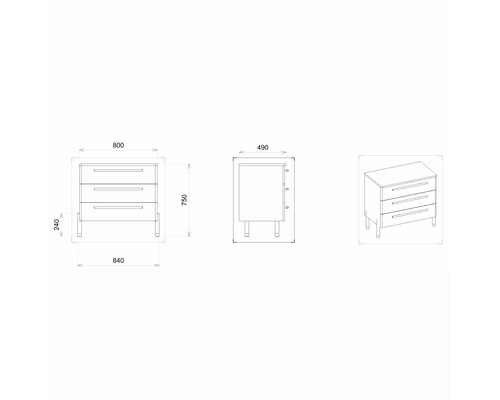 Schéma technique d''une commode avec trois tiroirs et indications de dimensions